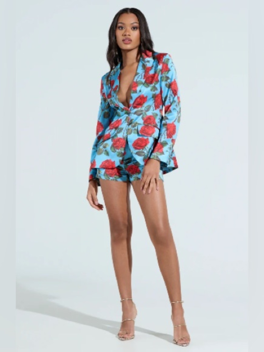 Akira Dozen Roses Satin Blazer & Shorts Set Blue Red Night Out Floral